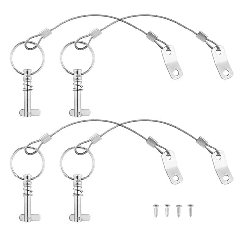 316 Stainless Steel Quick Release Boat Bimini Top Pins Set Of Four No Fuss With Spring Loaded Clevis Lanyards That Prevent Loss And Make Top Removal Easy For Sailboats And Marine Tops, 4-pack with screws