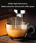 Espresso pouring from Top Shelf 20 Bar Semi Automatic Espresso Coffee Maker With Reliable Milk Frother Wand And Quick Fill Water Tank.