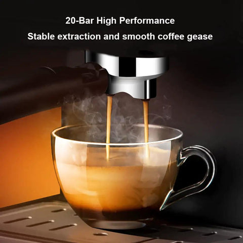 Espresso pouring from Top Shelf 20 Bar Semi Automatic Espresso Coffee Maker With Reliable Milk Frother Wand And Quick Fill Water Tank.