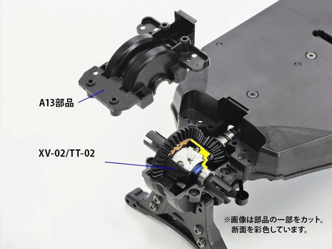 Illustration of Sealed Oil Gear Differential Upgrade for TT-02 XV-02 RC cars showing internal mechanics and component labels.