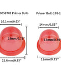 Two red primer bulbs with measurements for Four 4 Foot Small Engine Fuel Line Kit Pro Grade With Primer Bulb And Two Filters.