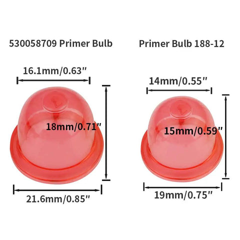 Two red primer bulbs with measurements for Four 4 Foot Small Engine Fuel Line Kit Pro Grade With Primer Bulb And Two Filters.