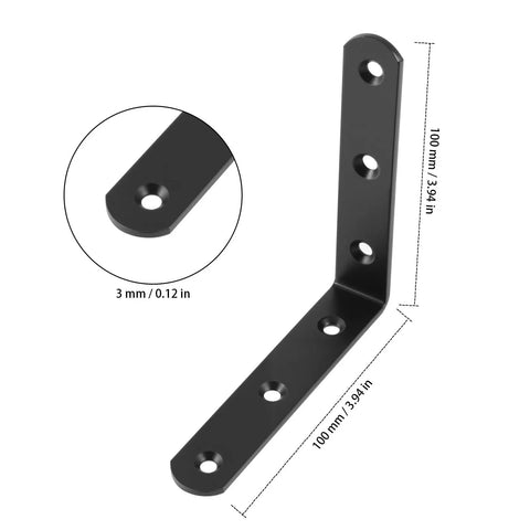 Rock Solid Heavy Duty L Brackets 4 X 4 Inch Matte Black Steel Corner Brace For Shelving And Furniture Reinforcement close-up with measurements