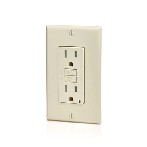 Self Test GFCI Tamper Resistant Receptacle With LED Indicator Light 15 Amp Slim 3 Pack GFTR1 3T Light Almond front view