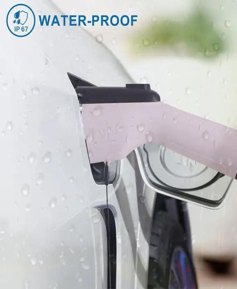 Top Drawer Level 2 Electric Vehicle Charger 50 Amp 240V Heavy Duty Wall Mount with J1772 connector in rain, IP67 rated.