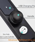 Slick Smart Fingerprint Door Lock Offering Dead Simple Keyless Entry And Hella Secure Password Backup With App Tracking Visitor Logs And No Sweat Setup For Modern Households with USB port and handle.