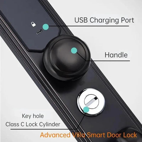 Slick Smart Fingerprint Door Lock Offering Dead Simple Keyless Entry And Hella Secure Password Backup With App Tracking Visitor Logs And No Sweat Setup For Modern Households with USB port and handle.