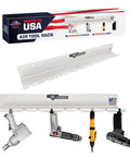 No Fuss Wall Mounted Air Tool Rack Organizer For Garage Shop Or Enclosed Trailer holds 10 pneumatic wrenches and guns, silver aluminum build.