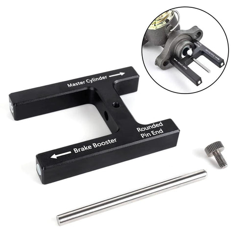 Black BARTOO brake adjustment tool with Master Cylinder and Brake Booster arms; includes steel push rod and screw.