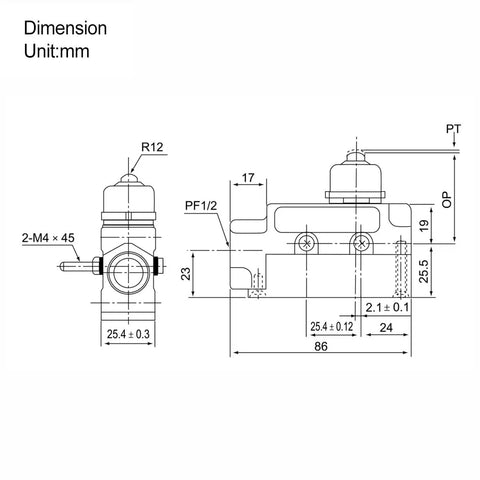 TZ 6101 Sealed Limit Switch With Beefy 15A 250VAC Heavy Duty Plunger Travel Switch IP65 Waterproof CE Certified For Industrial Roll Up Doors And Machinery CNC Automation dimension drawing, 86mm