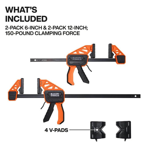 Speed Klamp Bar Clamp Set 6 Inch And 12 Inch 4 Pack With 150 Pound Clamping Force shown with V-pads