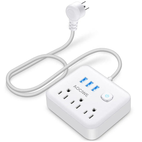 Power Strip Surge Protector With USB Charging Station, Desktop Outlet Extender With Anti Skid Pad, showing 3 USB ports and power switch