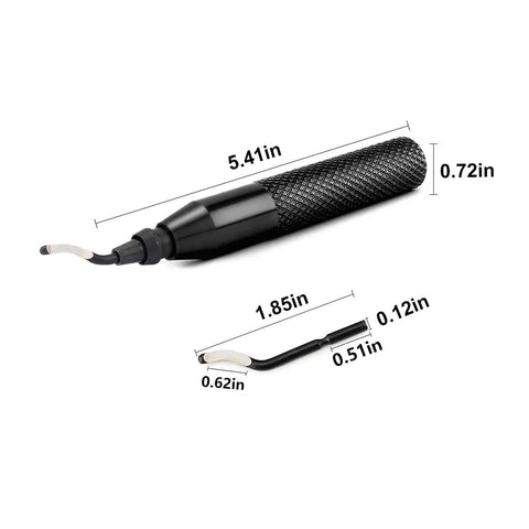 Hand Deburring Tool Kit Set With 10 Blades, showing tool dimensions, including handle and blade, for DIY use on various materials.