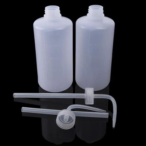 Two Pack 250ml Squeeze Wash Bottles, Narrow Mouth Plastic Safety Bottles For Medical And Plant Care, Lightweight LDPE With Measurement Scales For Cleaning, Watering Tools, Succulent Care, with two angled tips