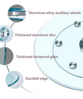Close-up of Tempered Glass Lazy Susan Turntable For Kitchen And Dining Table, showing aluminum wheels, disc, and duckbill edge