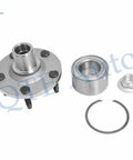 Pair Of Front Wheel Hub Bearing Assemblies For Ford Escape 2001 To 2012 Also Fits Mazda Tribute 2001 To 2006 2008 2011 And Mercury Mariner 2005 To 2011 Direct Fit 100 Percent Accuracy 2 Piece Set shown disassembled
