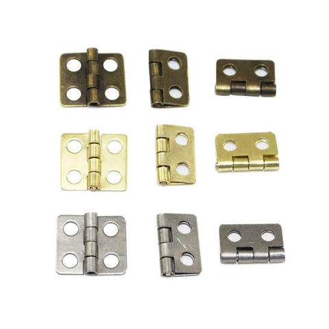 Assorted mini hinges, bronze and brass finish, showing Vintage Style Mini Copper Hinges Set With 50 Pieces And 200 Nails For Wooden Boxes Jewelry Chests And Cabinets DIY Hardware Bronze 13x12mm Daimay Antique Brass Finish And Easy Install