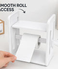 Premium Solid Wood Label Holder In Clean White, No Sweat Setup Printer Stand And Sticker Dispenser For Thermal Rolls and 4X6 Shipping Labels, showing smooth roll access.
