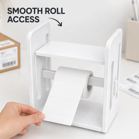 Premium Solid Wood Label Holder In Clean White, No Sweat Setup Printer Stand And Sticker Dispenser For Thermal Rolls and 4X6 Shipping Labels, showing smooth roll access.