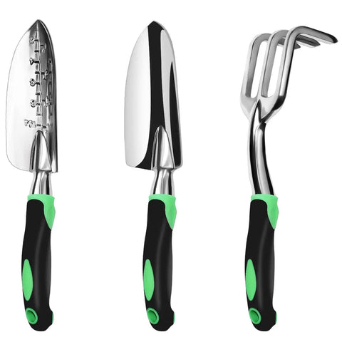 Three Piece Aluminum Garden Tool Set Heavy Duty Trowel Transplant Trowel Cultivator Hand Rake With Soft Rubberized Non Slip Ergonomic Handles