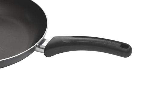 Close-up of Mini 4.6 Inch Nonstick Aluminum Fry Pan handle, ideal for single eggs and tiny servings, with stay-cool grip.