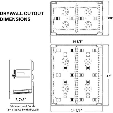 Straight Up Zero Clutter In Wall Media Box dimensions drawing, 17 inch white wiring enclosure for home theater.