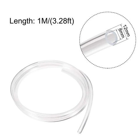 Coiled 12mm OD 8mm ID PU pneumatic air tubing 1 meter transparent flexible hose shown with size diagram