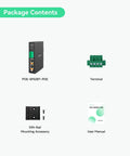 Package contents of Industrial Gigabit 90W PoE Splitter With IEEE 802 3BT PoE And DC Output 5 9 12 24V DIN Rail Mount