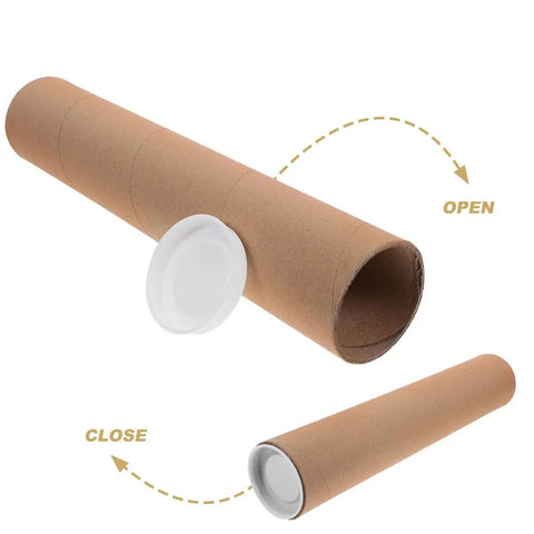 Kraft Paper Mailing Tubes With Caps 6.5 cm inner diameter, 33 cm length, shown open and closed for storage and shipping.