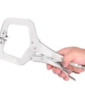 Heavy Duty C Clamp Locking Pliers With Adjustable Jaw For Welding And Grinding Projects Made From Tough 55# Steel With Sandblasted Finish shown in hand.