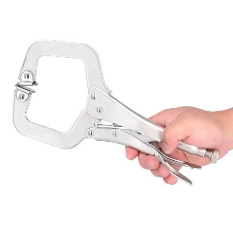 Heavy Duty C Clamp Locking Pliers With Adjustable Jaw For Welding And Grinding Projects Made From Tough 55# Steel With Sandblasted Finish shown in hand.