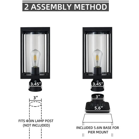 Dusk To Dawn Outdoor Post Light Fixture With 5.6 Inch Pier Mount Base Matte Black Aluminum Lantern dual assembly method shown