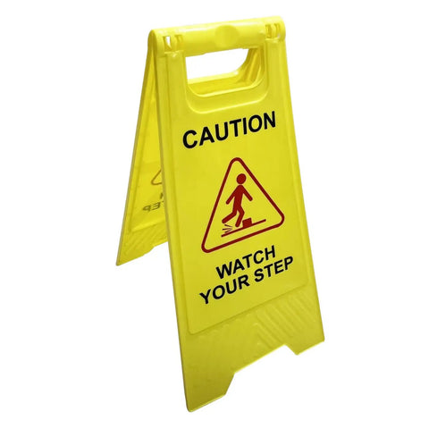 Robust Two Pack Yellow A Frame Watch Your Step Sign Double Sided Caution Floor Stand Plastic Safety Warning Marker For Busy Jobsites And Maintenance Areas Quick Setup And Easy Flat Storage