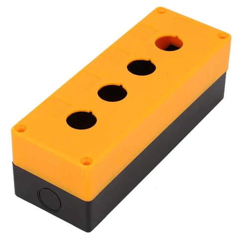 Beefy Four Hole 22mm Push Button Switch Control Box with ABS Industrial Enclosure, shown in yellow color, for equipment control panels.