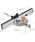 Slick Brass Handle Miter Gauge With Smooth Roll Track Stops And Solid Build Box Joint Jig, features a brass knob for precise settings.