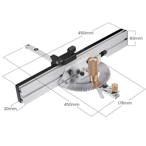 Slick Brass Handle Miter Gauge With Smooth Roll Track Stops And Solid Build Box Joint Jig, features a brass knob for precise settings.
