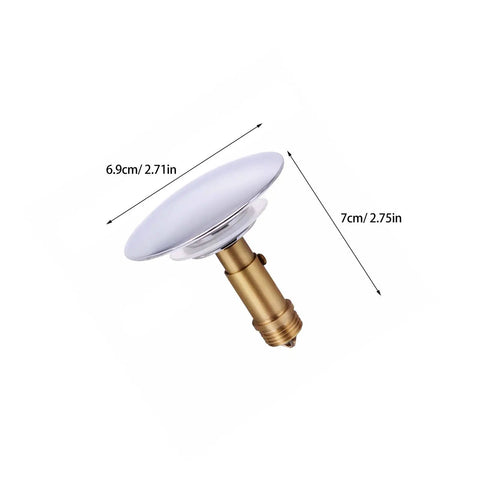 Pop up Bathtub Drain Stopper with Brass Core and Hair Catcher, 6.9cm diameter, gold and white design, for sink or bathtub use.