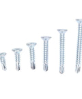 Self Drilling Screws Kit 160 Pcs Carbon Steel Blue Zinc Plated Countersunk Cross Head Fasteners M4.2 For Wood Heavy Duty Rust Resistant Ultra Sharp Threads Deep Thread Design Easy Grip Quick Install, five screw sizes displayed
