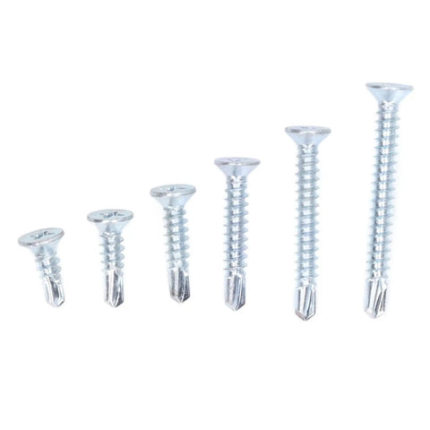 Self Drilling Screws Kit 160 Pcs Carbon Steel Blue Zinc Plated Countersunk Cross Head Fasteners M4.2 For Wood Heavy Duty Rust Resistant Ultra Sharp Threads Deep Thread Design Easy Grip Quick Install, five screw sizes displayed