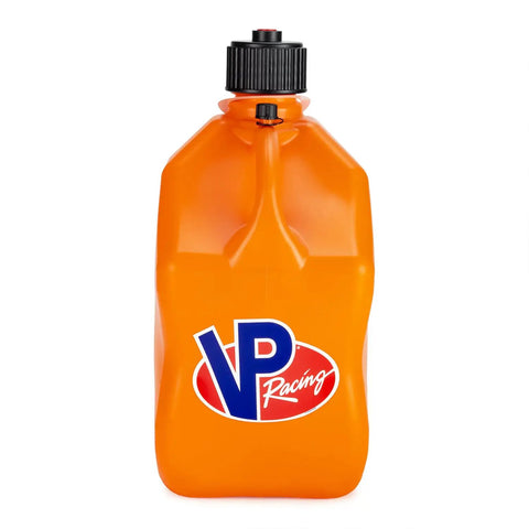 No Sweat Five Point Five Gallon Square Jug Bundle In Loud Orange Features Three Badass Heavy Duty Containers Alongside Efficient Battery Operated Fluid Transfer Pump For Fast Garage Maintenance Done Right. Orange 5.5 Gal jug with VP Racing logo.