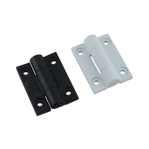 Front view: plastic damping hinges pair, white and black, torque-adjustable cabinet door hardware