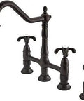 French Country Bridge Kitchen Faucet With Brass Sprayer In Oil Rubbed Bronze, Four Hole Mount, Victorian Spout With Ten Inch Clearance
