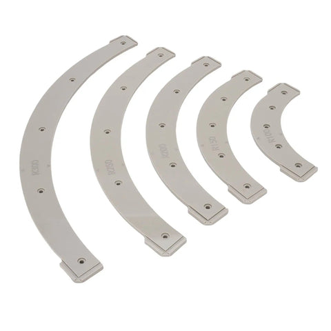 Top Shelf Round Corner Radius Templates And Router Radius Jigs For Woodwork Include Five Durable Plastic Arc Cutters R100 to R300 sizes.