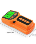 5 in 1 Wall Stud Finder Sensor with Backlit Display, an orange handheld device with a green display, dimensions 15.2cm x 6.2cm.