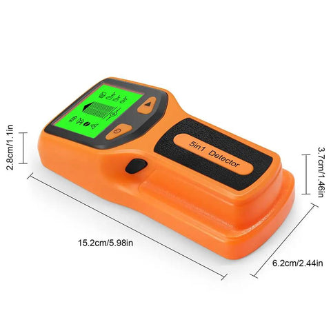5 in 1 Wall Stud Finder Sensor with Backlit Display, an orange handheld device with a green display, dimensions 15.2cm x 6.2cm.