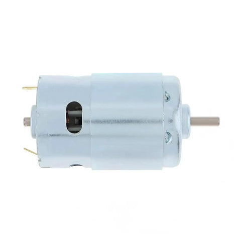 895 High Torque DC Motor Equipped With Dual Ball Bearings Running On 12V Or 24V Pulling 3000 To 6000 Rpm side view of motor with metal casing