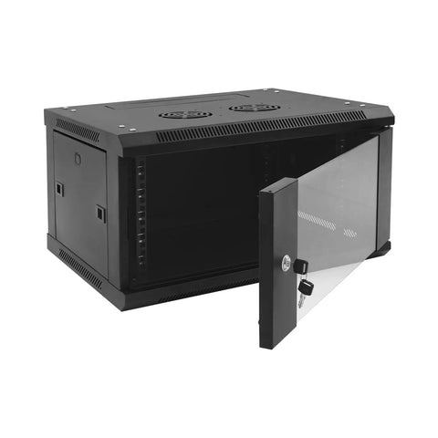 Top Shelf Heavy Duty Wall Mount Server Cabinet Bad Boy Network Rack With Lockable Tempered Glass Door, black steel frame with open door.