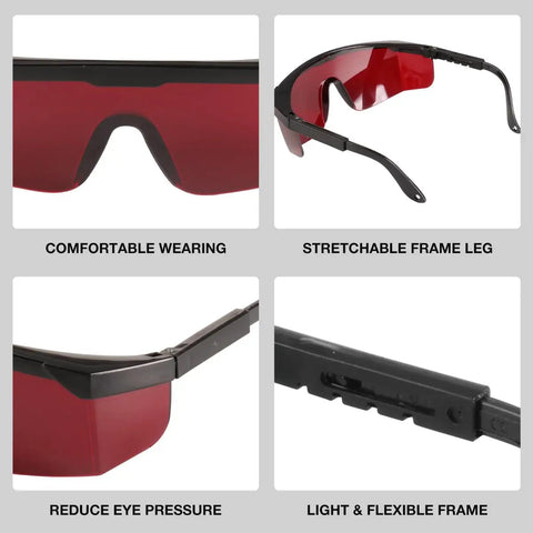 Super Tough Red Laser Enhancement Glasses Kit with Hefty Magnetic L Bracket showcases tinted lenses and flexible frame for comfort.