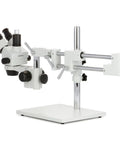 Professional Trinocular Stereo Zoom Microscope With Boom Stand, Long Working Distance, Dual Eyepiece And Trinocular Port For Simultaneous Viewing, Ideal For Circuit Boards, Dental Appliances, And Large Item Inspection. White metal stand.