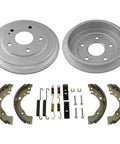 Rear Brake Drum And Shoe Kit For Honda Civic 2006 To 2015 Heavy Duty Replacement Parts Built Tough For Reliable Stops And Smooth Braking Action To Keep Your Ride Safe On The Road Today; gray metal drums, shoes, springs